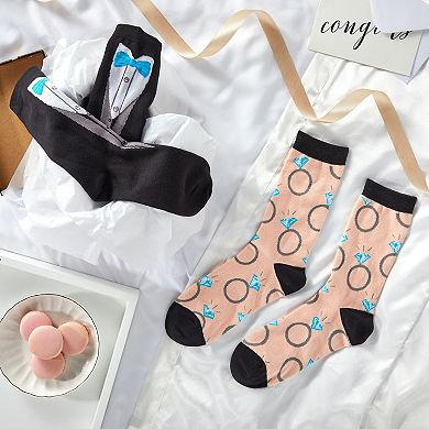2 Pairs Bride and Groom Wedding Socks, Novelty Tuxedo and Diamond Ring Designs, One Size