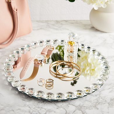 Crystal Bead Serving Tray, Round Mirrored Decorative Platter For Home ,12.2 Inch