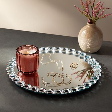Crystal Bead Serving Tray, Round Mirrored Decorative Platter For Home ,12.2 Inch