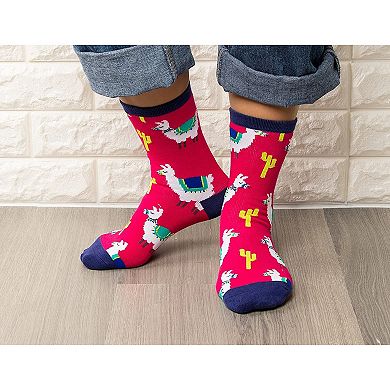 2-Pair Girls Crew Socks - Llama Alpaca Animal Print, Cute Kids Casual Socks