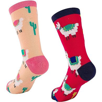 2-Pair Girls Crew Socks - Llama Alpaca Animal Print, Cute Kids Casual Socks