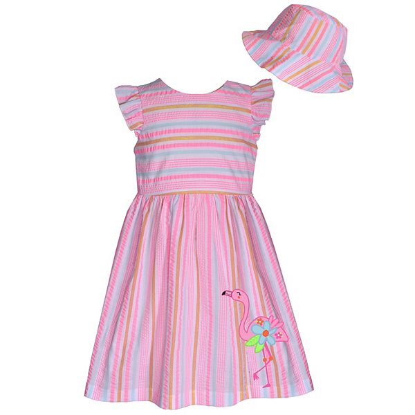 Girls 4 6x Bonnie Jean Flamingo Striped Dress with Bucket Hat