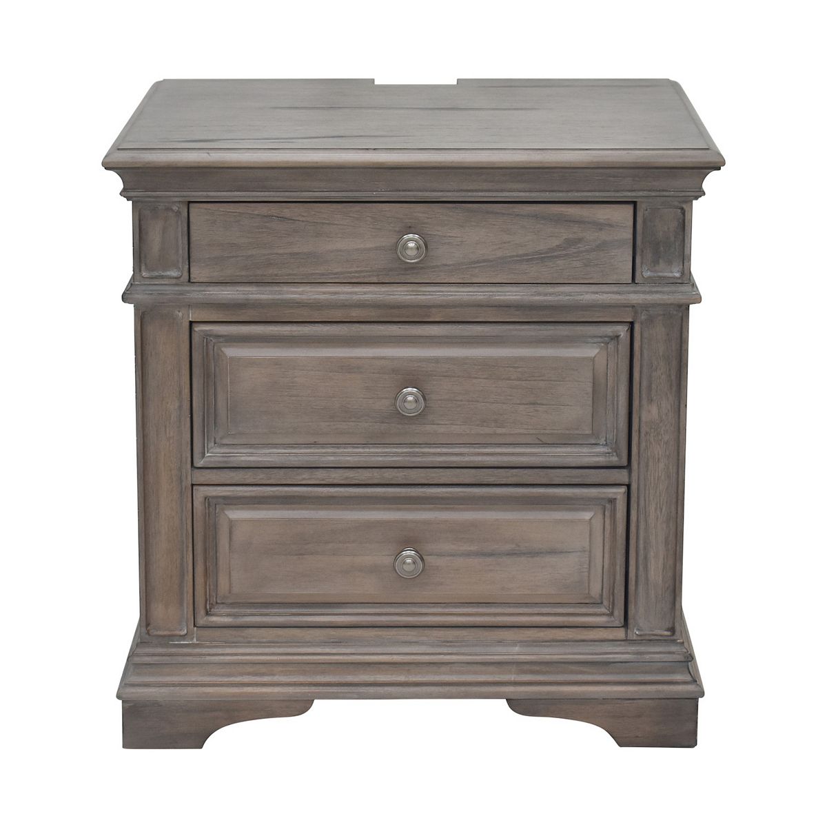 Highland Park 3-drawer nightstand table front view with distressed gray-brown finish