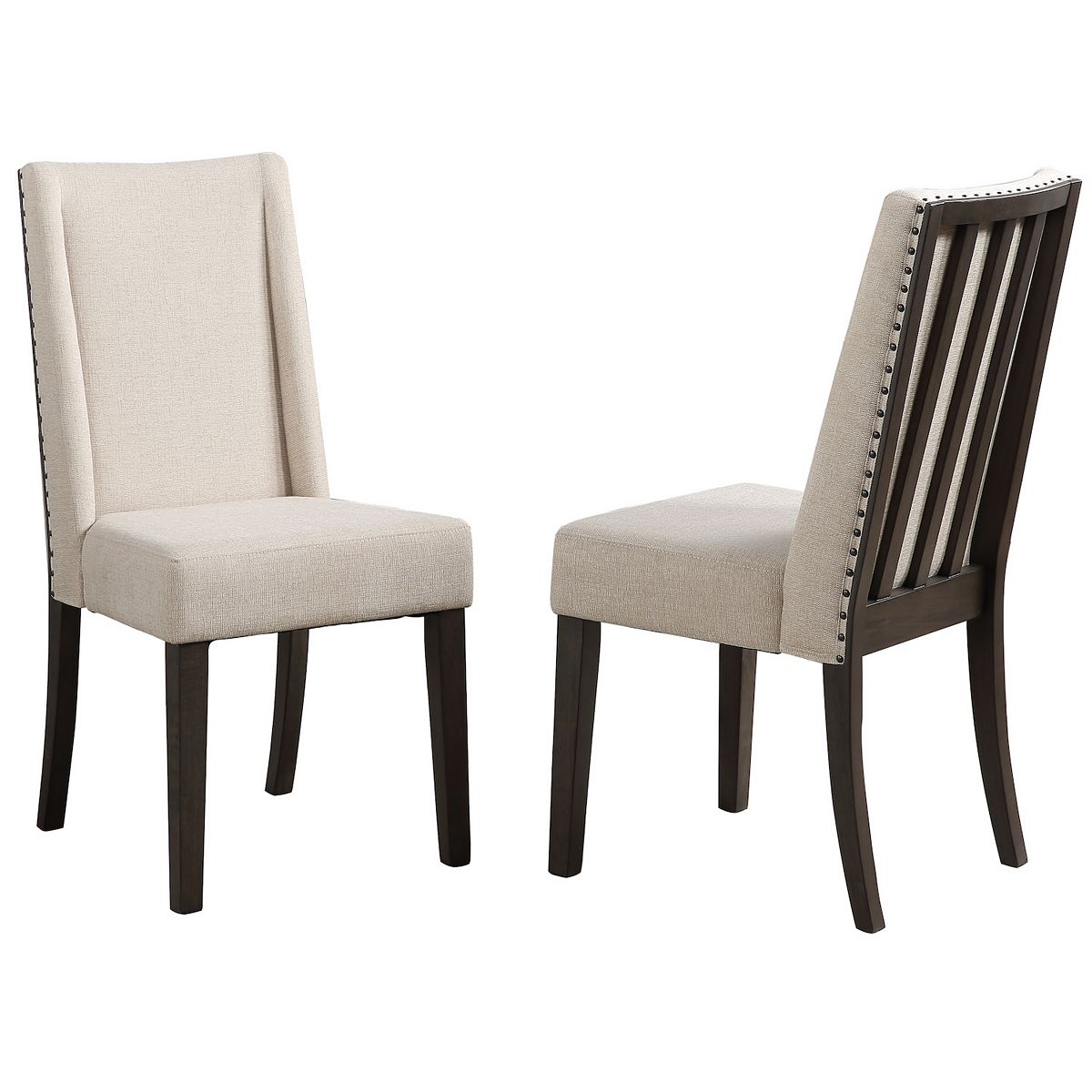 Napa upholstered dining chair set in light beige fabric with dark cabriole legs and button trim