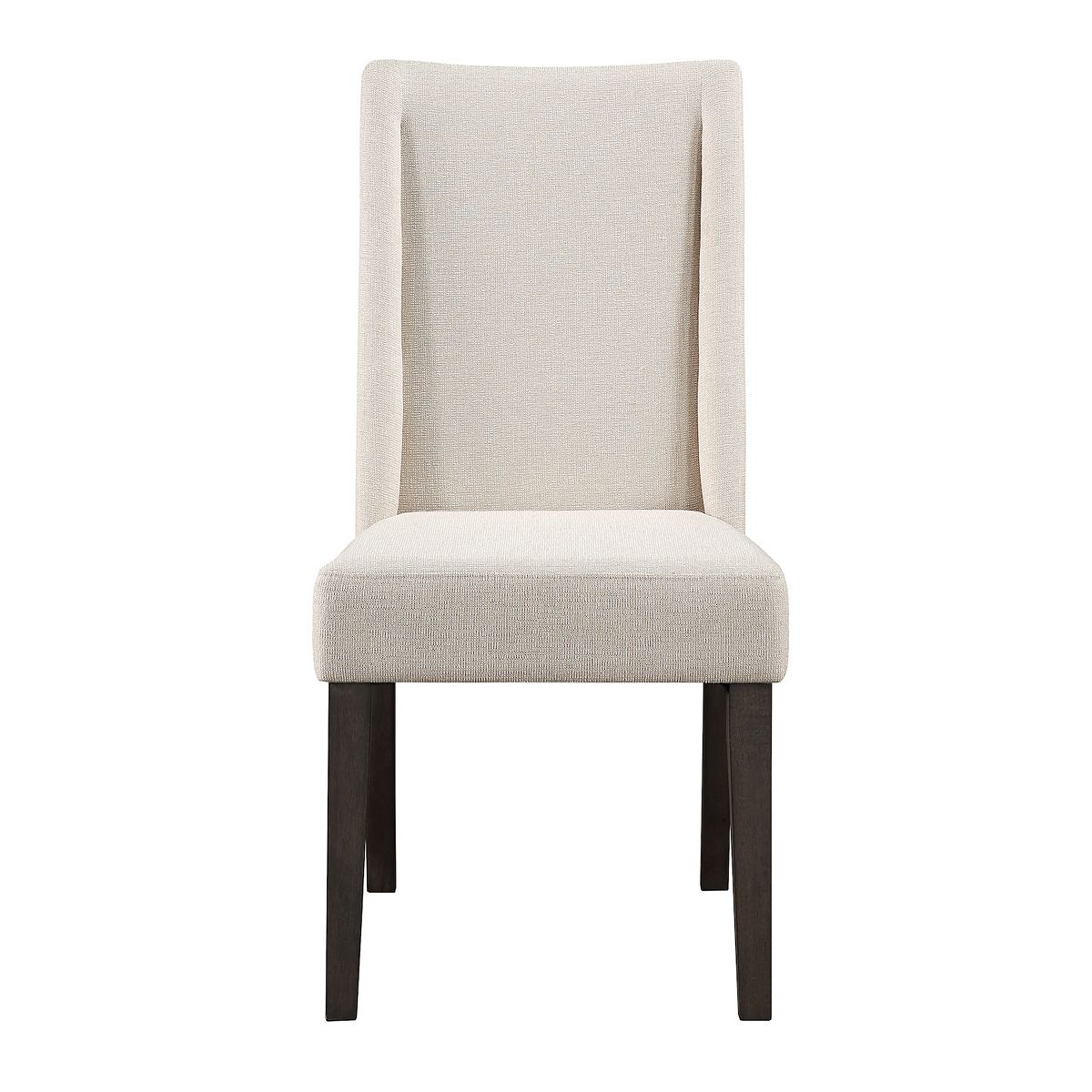 Upholstered dining chair with tall beige back and dark legs