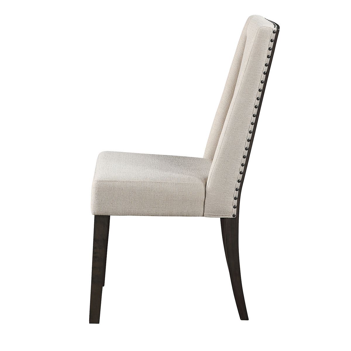 Side view of upholstered dining chair with beige seat and dark tapered legs