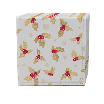 Napkin Set of 4, 100% Cotton, 20x20", Golden Holly Berry Leaves