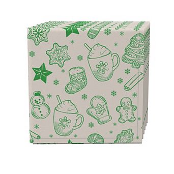 Napkin Set of 4, 100% Cotton, 20x20", Green Stenciled Holiday Pattern