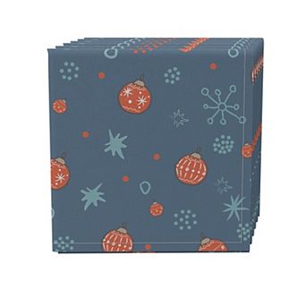 Napkin Set of 4, 100% Cotton, 20x20", Festive Ornaments & Snowflakes