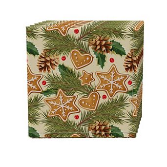 Napkin Set of 4, 100% Cotton, 20x20", Holiday Gingerbread Cookies & Pinecones