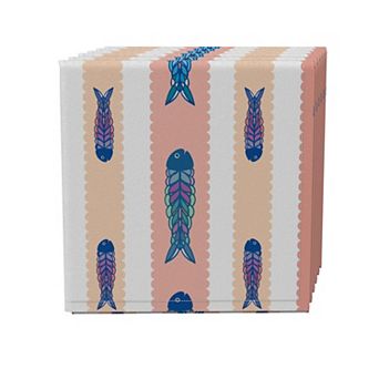 Napkin Set of 4, 100% Cotton, 20x20", Fish in Scalloped Stripes