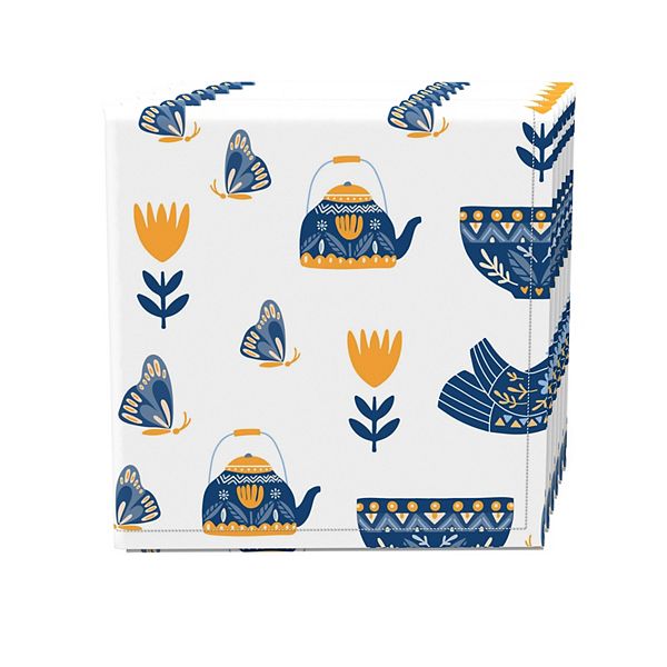 Napkin Set of 4, 100 Cotton, 20x20", Teapots & Butterflies