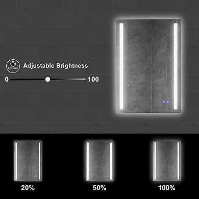 24 x 36 Inch Frameless LED Illuminated Bathroom Mirror, Touch Button Defogger, Metal, Vertical Stripes Design, Silver