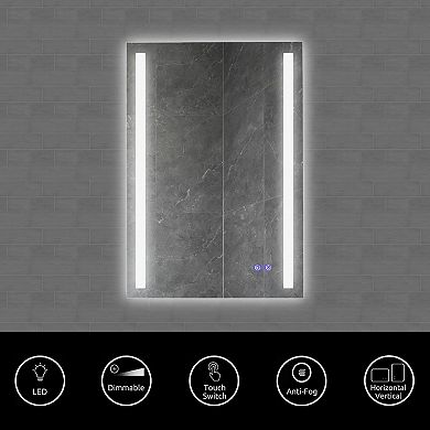 24 x 36 Inch Frameless LED Illuminated Bathroom Mirror, Touch Button Defogger, Metal, Vertical Stripes Design, Silver