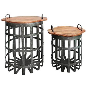 Industrial Grid Galvanized Accent End Table with Round Lid and Handles, Set of 2