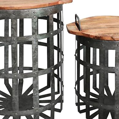 Industrial Grid Galvanized Accent End Table with Round Lid and Handles, Set of 2, Gray and Brown