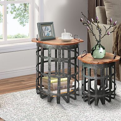 Industrial Grid Galvanized Accent End Table with Round Lid and Handles, Set of 2, Gray and Brown