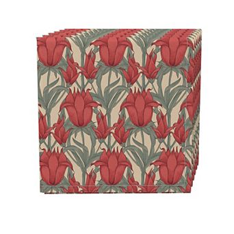 Napkin Set of 4, 100% Cotton, 20x20", Scarlet Red Flowers