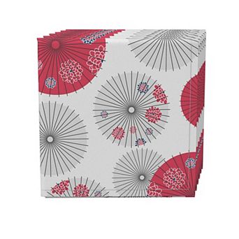 Napkin Set of 4, 100% Cotton, 20x20", Red Japanese Umbrella Design