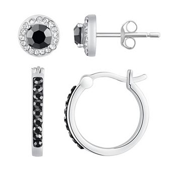Chrystina Silver Tone Black & White Crystal Stud & Hoop Earring 2 pc Set