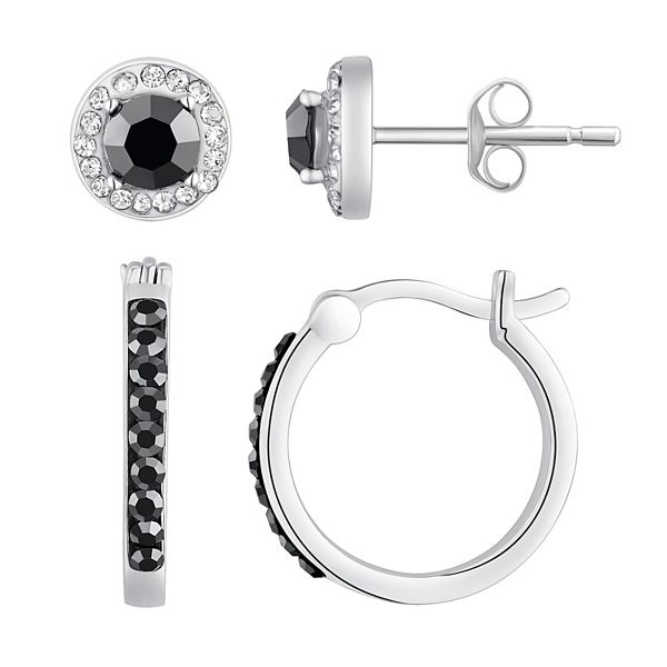 Chrystina Silver Tone Black & White Crystal Stud & Hoop Earring 2piece Set