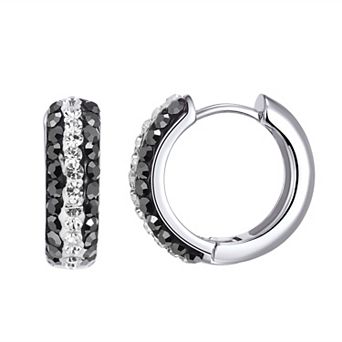 Chrystina Silver Tone Black & White Crystal Hoop Earrings