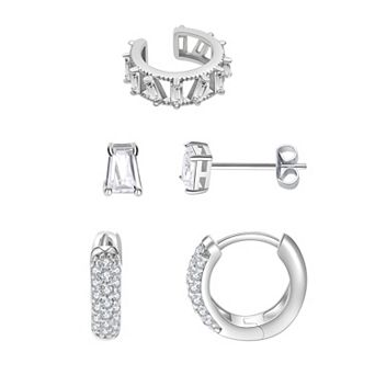 Chrystina Silver Tone Cubic Zirconia Stud, Hoop & Ear Cuff Earring Set