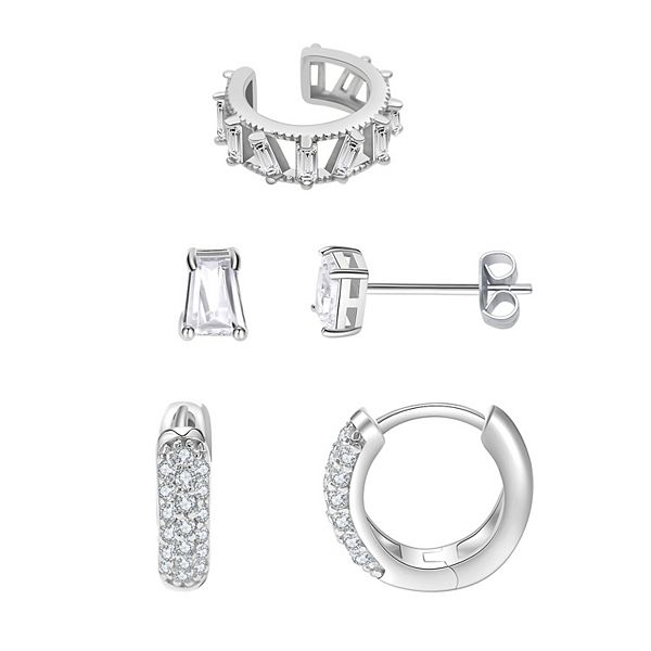 Chrystina Silver Tone Cubic Zirconia Stud, Hoop & Ear Cuff Earring Set