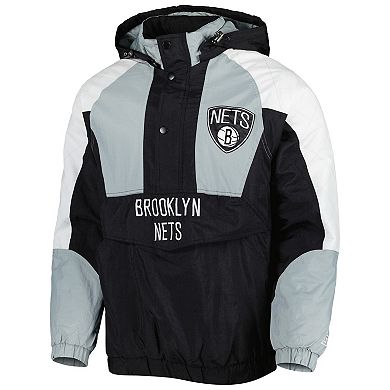 Men's Starter Black Brooklyn Nets Body Check Raglan Hoodie Half-Zip Jacket