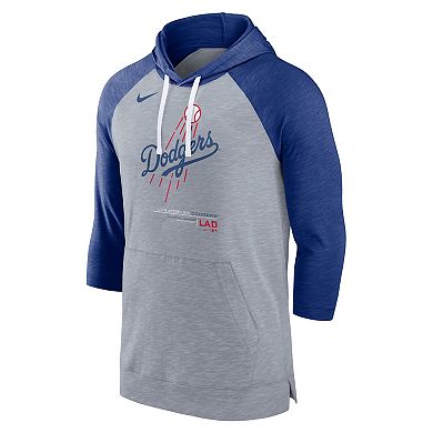 Men's Nike Heather Gray/Heather Royal Los Angeles Dodgers Baseball Raglan 3/4-Sleeve Pullover Hoodie