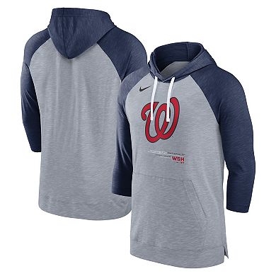 Men's Nike Heather Gray/Heather Navy Washington Nationals Baseball Raglan 3/4-Sleeve Pullover Hoodie