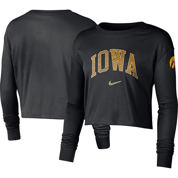 Women's Nike Black Iowa Hawkeyes 2-Hit Cropped Long Sleeve Logo T-Shirt