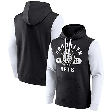 Men's Fanatics Branded Black/White Brooklyn Nets Attack Colorblock Pullover Hoodie
