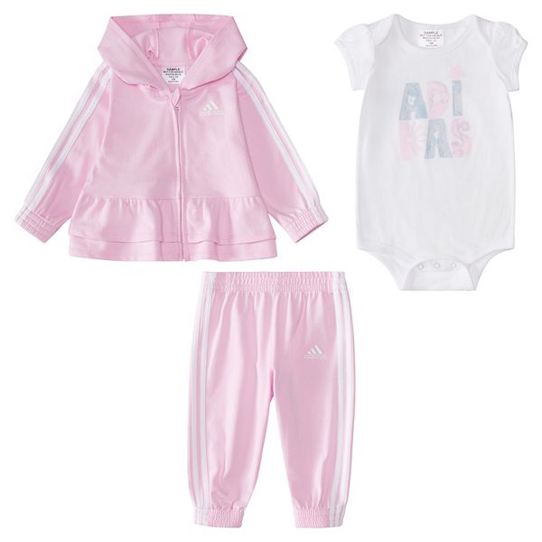 Baby Girl adidas 3Piece Ruffle Hem Hoodie, Jogger Pants, & Romper Set