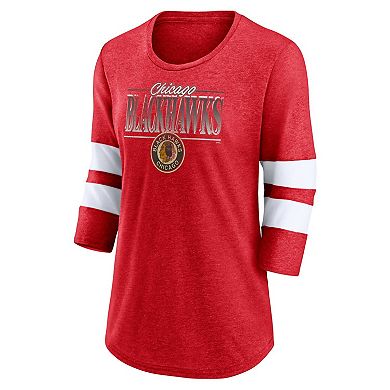Women's Fanatics Branded Heathered Red/White Chicago Blackhawks Full Shield 3/4-Sleeve Tri-Blend Raglan Scoop Neck T-Shirt