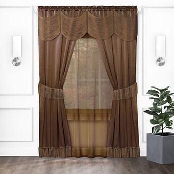 Kate Aurora Satin Chic Complete Attached Window Curtain, Tiebacks and Valance Set