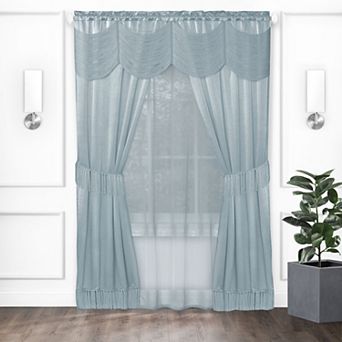Kate Aurora Satin Chic Complete Attached Window Curtain, Tiebacks and Valance Set