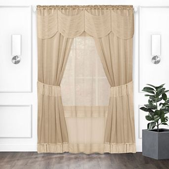 Kate Aurora Satin Chic Complete Attached Window Curtain, Tiebacks and Valance Set