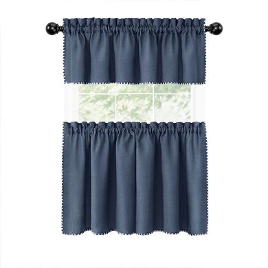 Kate Aurora Coastal Hamptons Living Complete 3 Piece Textured Kitchen Curtain Tier & Valance Set