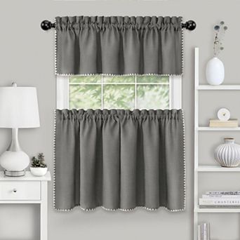 Kate Aurora Coastal Hamptons Living Complete 3 pc Textured Kitchen Curtain Tier and Valance Set