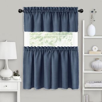 Kate Aurora Coastal Hamptons Living Complete 3 pc Textured Kitchen Curtain Tier and Valance Set