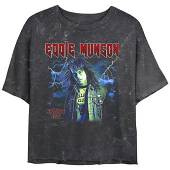 Juniors' Stranger Things Eddie Munson Thunders Clouds Hellfire Club Mineral Wash Tee
