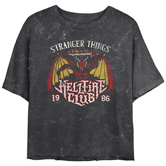 Juniors' Stranger Things Hellfire Club 1986 Metal Logo Mineral Wash Tee