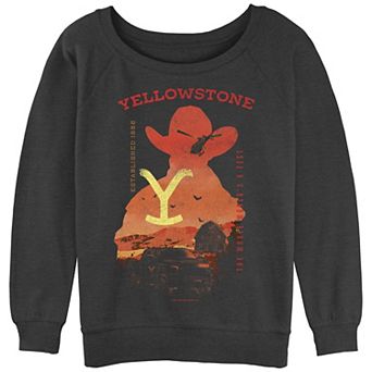 Juniors' Yellowstone Distressed Sunset Poster Slouchy Terry Pullover