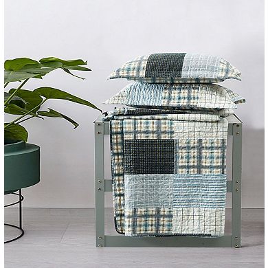Zoe Reversible Blue Printed Patchwork Bed Quilt Set