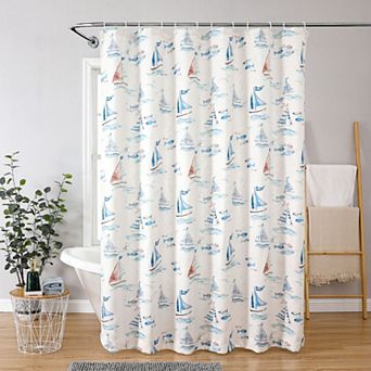 Kate Aurora Maritime Blues Coastal Sailboats And Fish Fabric Shower Curtain