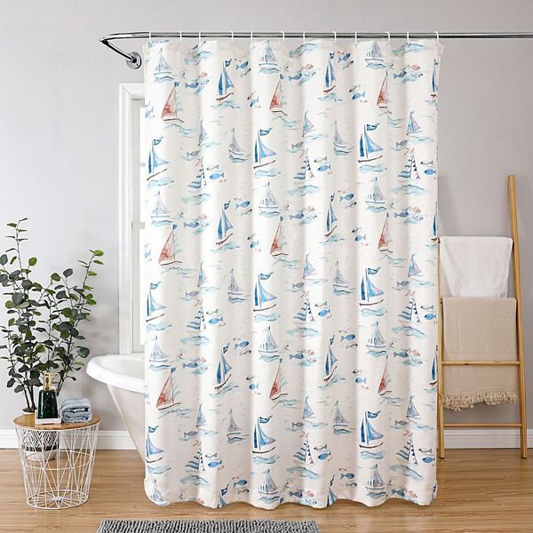 Kate Aurora Maritime Blues Coastal Sailboats And Fish Fabric Shower