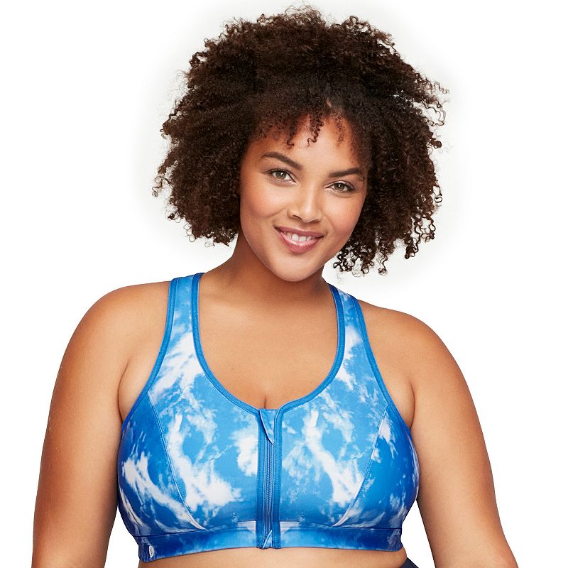 Plus Size Glamorise Full-Figure Zip-Front Wirefree Sports Bra 9266, Women's, Size: 34 D, Blue Tie Dye
