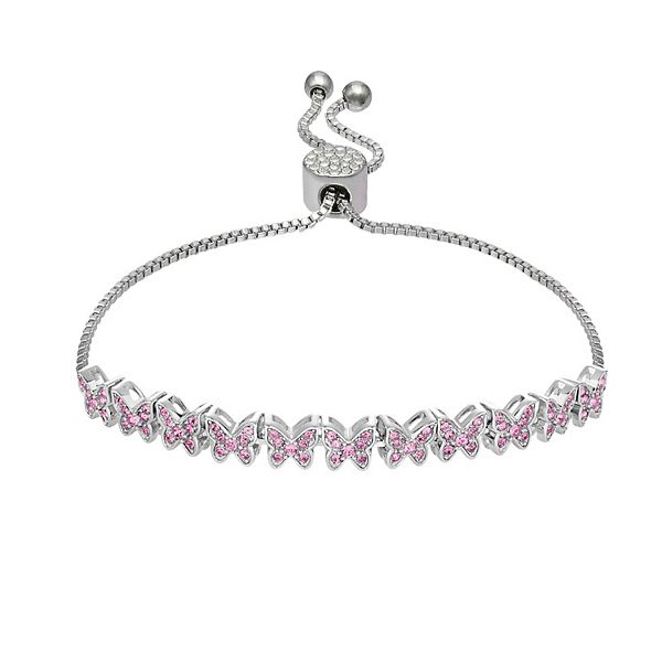 Brilliance Crystal Butterflies Adjustable Bracelet - Silver Tone Pink