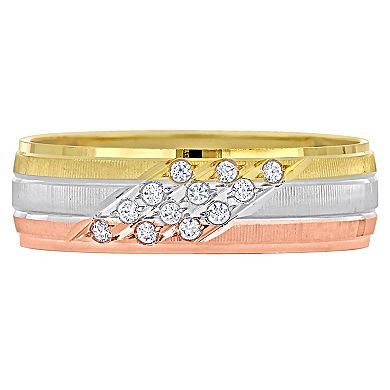 Stella Grace 14k Tri-Tone Gold Men's 6 mm Cubic Zirconia Matte Triple Row Wedding Band